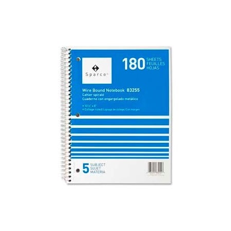 Sparco Sparco 5-Subject Notebook, 8" x 10-1/2", College Ruled, Bright White, 180 Sheets/Pad 83255